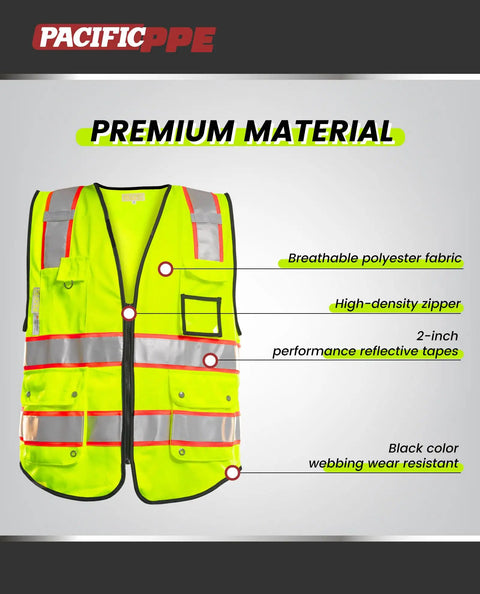 Heavy Duty Class 2 High Visibility Reflective Safety Vest With Ten Pockets And Zipper Closure Lightweight Breathable Polyester Workwear Built Different For Crews Demanding Next Level Job Site Visibility Today, breathable fabric, high-density zipper, multiple pockets.