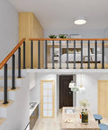 Built Tough Metal Stair Railing Kit Featuring Adjustable Black Wrought Iron Spindles And Secure Floor Mount Brackets For Hassle Free Diy Deck And Loft Additions, mounted on wooden staircase and loft.