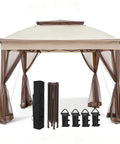 Pop Up Gazebo 11x11 Instant Canopy Tent With Mesh Netting, Patio Shade Shelter For Beach Or Backyard, 121 Square Feet Of Coverage, Includes 4 Weight Bags, Beige, Effortless Setup And Portable shown with mesh walls and weight bags.