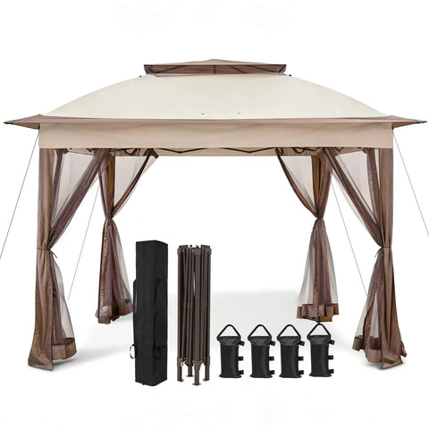 Pop Up Gazebo 11x11 Instant Canopy Tent With Mesh Netting, Patio Shade Shelter For Beach Or Backyard, 121 Square Feet Of Coverage, Includes 4 Weight Bags, Beige, Effortless Setup And Portable shown with mesh walls and weight bags.