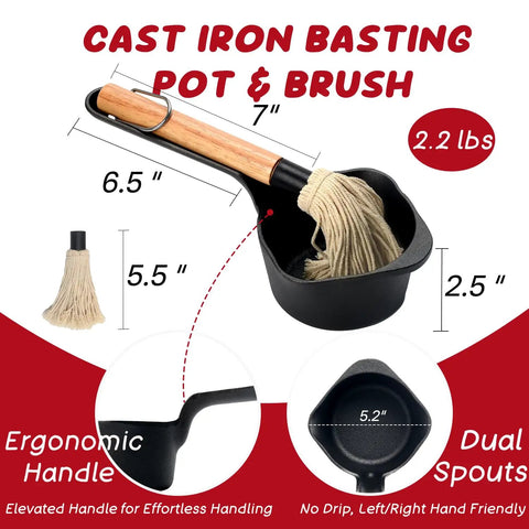 Cast Iron Sauce Pan And Basting Pot Set With BBQ Mop Brushes For Grillin Melting Butter Campin And Stove Top Cooking