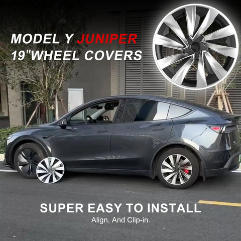 Ride Ready 4 Piece Wheel Covers For Tesla Model Y Juniper 19 Inch Killer Spiral Aero Hubcaps on a gray Tesla Model Y.