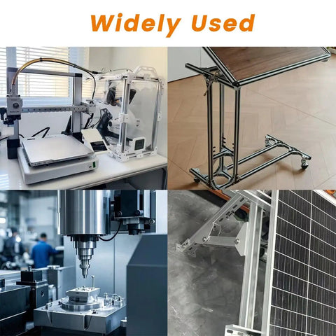 Various applications of Nickel Plated M6 Sliding T Nuts for 2020 2040 2060 aluminum extrusion in CNC, furniture, and solar panel setups