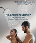 GRANDJOY 12" Ceiling Shower System with Handheld Spray, Brushed Nickel in action with a couple enjoying a dual shower experience.