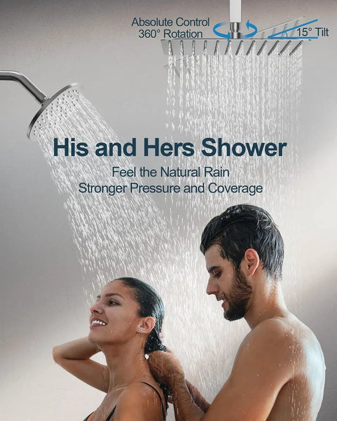 GRANDJOY 12" Ceiling Shower System with Handheld Spray, Brushed Nickel in action with a couple enjoying a dual shower experience.