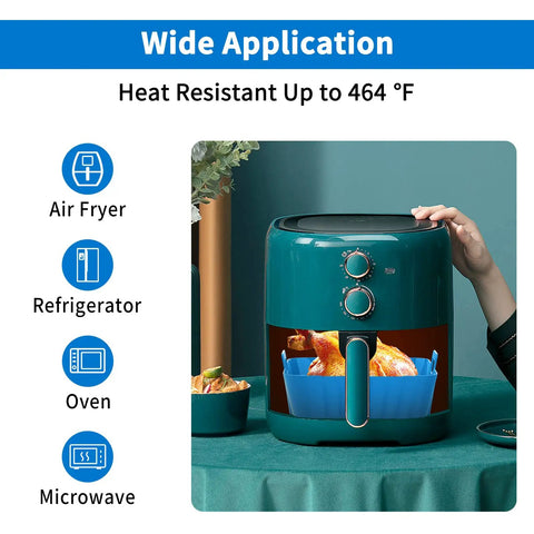 9 Inch Silicone Liners For 6 Qt To 9 Qt Air Fryers 2 Pack Square Reusable Inserts Blue And Grey No Mess Easy Cleanup Air Fryer Accessory Perfect For Busy Kitchens No Scrub Needed in air fryer basket with cooked chicken