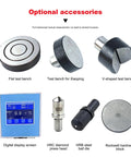 Optional accessories for Heavy Duty Rockwell Hardness Tester including flat and V-shaped benches, diamond press head, and display.