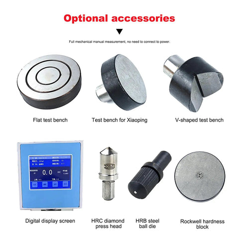 Optional accessories for Heavy Duty Rockwell Hardness Tester including flat and V-shaped benches, diamond press head, and display.