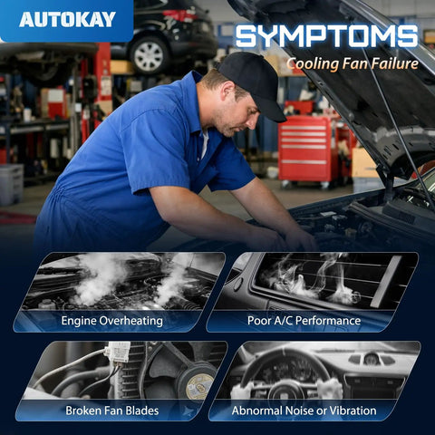 Mechanic diagnosing symptoms of cooling fan failure for cars like Heavy Duty Radiator Cooling Fan Assembly For Ford Focus 2012 To 2018 2.0 Liter Motor.