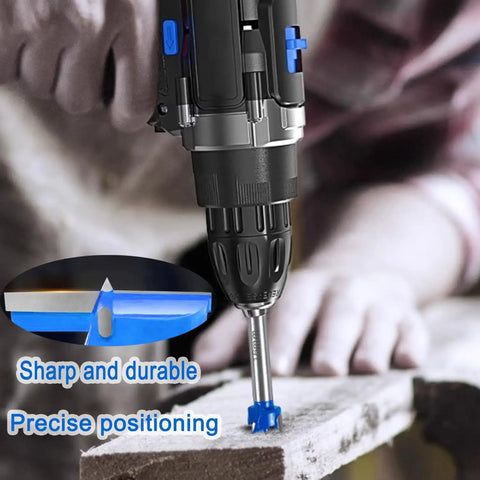 Premium Tungsten Carbide Forstner Drill Bit Set With Quick Fit Hex Shank For Dang Precise Woodworking and Plywood Drilling Up to One Inch Three Eighths in use on wood surface.