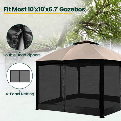Universal Replacement Mosquito Netting For 10x10 Gazebos With Four Panel Sidewalls And Zippers, black mesh installed on a gazebo.
