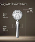 Artifacts Single Function Hand Shower with 1.75 GPM Flow, Polished Chrome Finish, ergonomic handle, size dimensions shown