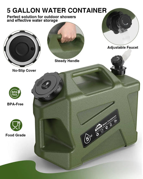 Portable Camping Shower With 5-Gallon Food Grade Water Jug, BPA-Free, showing adjustable faucet and no-slip cover.