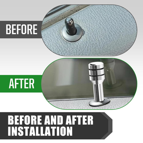 Image showing before and after installation of 4 Piece Car Door Latch Catch Kit With Solid Alloy Interior Door Lock Knob Pull Pins, 1.93 By 0.47 Inches, Silver Finish, Dope Decorative Modification Accessory For Most Cars And SUVs.