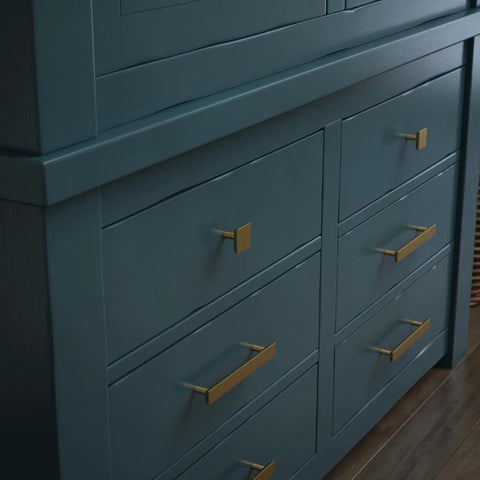Brushed Gold Cabinet Pulls Set Of 10 With Five And One Sixteenth Inch Center To Center 128mm Casual Square Handles installed on blue drawer
