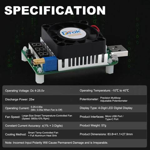 USB Load Tester For Real World Testing No Fluff Electronic Load Resistor Module 25W LD25 USB Type C Interface Discharge Adjustable Current 0.25A To 4A With Smart Temperature Control And Cooling Fan, compact board with fan