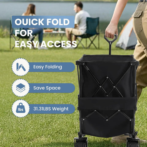 Heavy Duty Double Decker Wagon With 51 Inch Extender And 400L Large Capacity Collapsible Garden Cart shown folded in a park setting