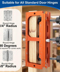 Pro Grade Aluminum Door Hinge Jig Kit for Router Mortise Template on door with adjustable settings and radius options displayed