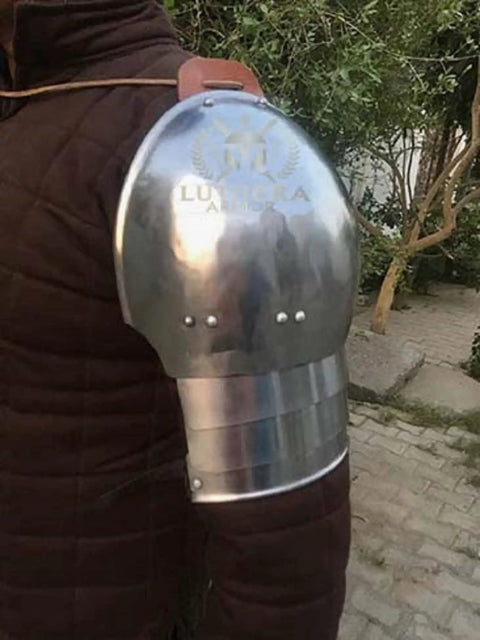 Rugged Medieval Pauldrons Shoulder Armor For Knights, Steel Armor For SCA And LARP, Four Plates Per Side With Thick Leather Straps