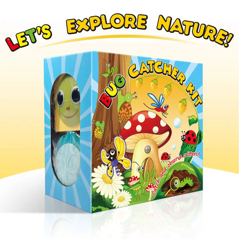 Two Piece Bug Catcher Kit For Kids packaging featuring cartoon bugs and nature theme.