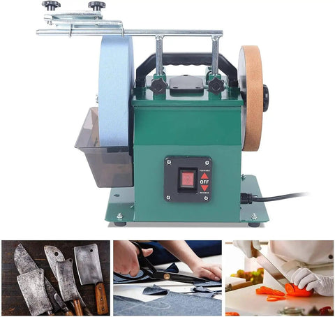 Electric Knife Sharpener Wet Stone Grinder Two Direction Multi Purpose Bench Tool With Ergonomic Handle and Durable Build view from side with water cooling feature.