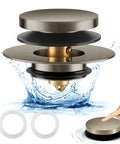 Universal Bathtub Drain Stopper Fits 1.5 To 1.72 Regular Drains Adjustable Rubber Plug with brass housing and water splash effect.