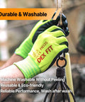 Hands wearing green work gloves labeled Dex Fit using tools outdoors