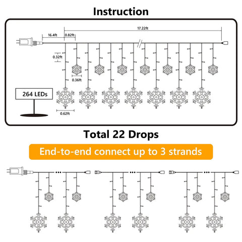 Diagram of Outdoor Snowflake Christmas Lights 17.22 Feet 264 LED Snowflake Icicle Lights With 22 Drops Waterproof White For Curtain Eaves Window Decor 8 Modes Connectable Xmas Decoration