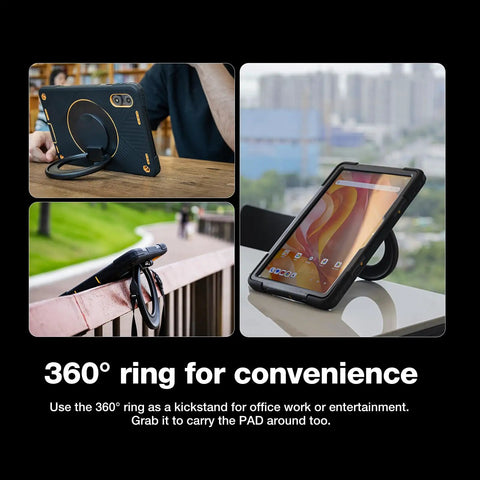 Kickass Rugged Android 14 Tablet With 11 Inch Crisp 90Hz Screen And Massive Storage displayed with 360° ring stand on desk.
