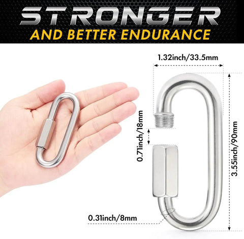 Hand holding Heavy Duty 304 Stainless Steel Chain Quick Links Set Of 6 High Strength Chain Connectors, size comparison shown.
