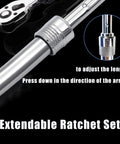 Close-up of Extendable Ratchet Set Three Piece With One Quarter Inch Drive handle extension and adjustment mechanism.
