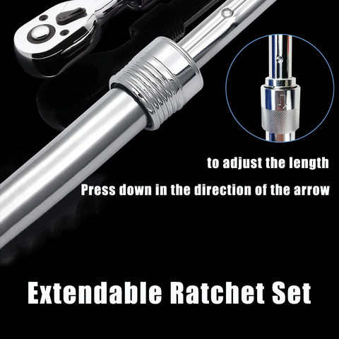 Close-up of Extendable Ratchet Set Three Piece With One Quarter Inch Drive handle extension and adjustment mechanism.