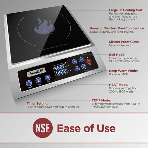 Portable Induction Cooktop 1800W Max Power With 9 Power Levels And 18 Temperature Settings NSF Certified Hot Plate