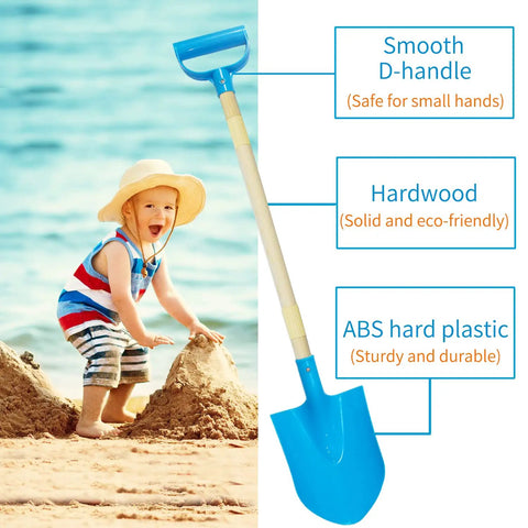 Child using Kids Beach Shovel Set 3 Pack With Adjustable Lengths 19 To 31 Inches, Wood And Plastic Digging Shovels With D Handle on beach.