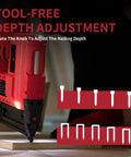 Cordless 18 Gauge Brad Nailer 2 In 1 Electric Nail Gun With 20v Batteries Fast Charger Blazing Trigger showing tool-free depth adjustment.