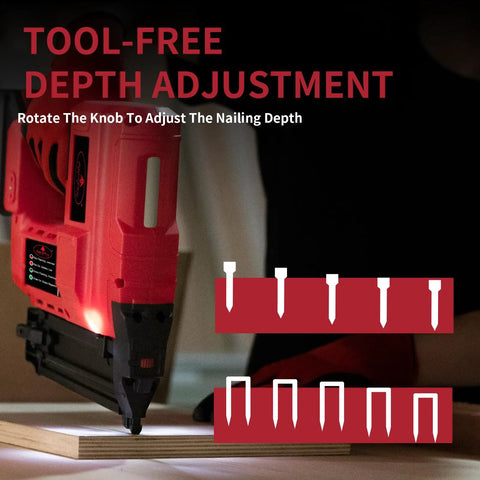 Cordless 18 Gauge Brad Nailer 2 In 1 Electric Nail Gun With 20v Batteries Fast Charger Blazing Trigger showing tool-free depth adjustment.