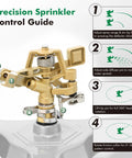 Precision control guide for Heavy Duty Full Metal Pulsating Sprinkler With Wheeled Base, showing adjustment steps and zinc alloy head.