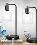 Two Pack Fully Stepless Dimmable Industrial Table Lamps With USB Ports And AC Outlet Seeded Glass Bedside Desk Lamps For Bedroom Dorm Living Room Includes Two 7W 5000K LED Bulbs on a table with phones charging
