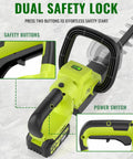 Close-up of 20V Cordless Hedge Trimmer With 2X5.0Ah Batteries And Charger, dual safety lock, green handle, power switch visible.
