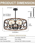 Rustic Black Wood Drum Chandelier With Eight Lights 23.25 Inch Diameter Modern Industrial Pendant Lighting dimensions and specs.