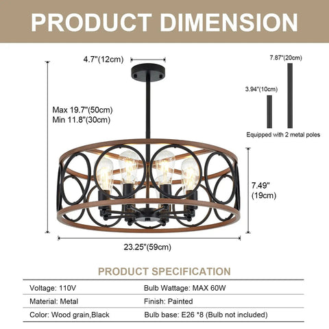 Rustic Black Wood Drum Chandelier With Eight Lights 23.25 Inch Diameter Modern Industrial Pendant Lighting dimensions and specs.