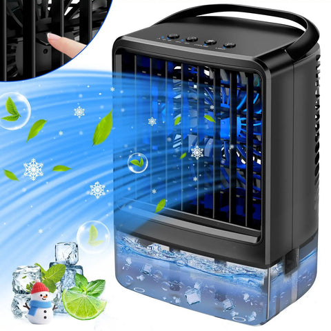 Ultimate Portable Air Conditioner Mini Personal AC For Desk And Bedroom emitting cool air with ice and lime, black design