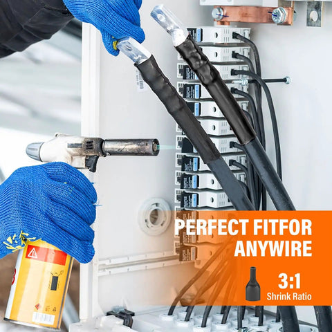 Electrician using 180 Piece Heat Shrink Tubing Kit With Adhesive Lined Three To One Shrink Ratio for wire repair in panel