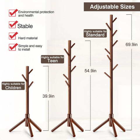 Freestanding Coat Rack With 8 Hooks And 3 Adjustable Tree Sections For Bedroom Hallway Entrance And Office Sturdy Wooden Stand sizes