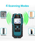 Heavy Duty Wall Scanner Detecting Wood Studs Hidden Live Cables And Conductive Metal With Rock Solid Depth Accuracy Featuring Crisp View Lcd Screen And Sharp Beeping Alert For No Fuss Diy Home Renovations, showing 4 scanning modes with LCD display.
