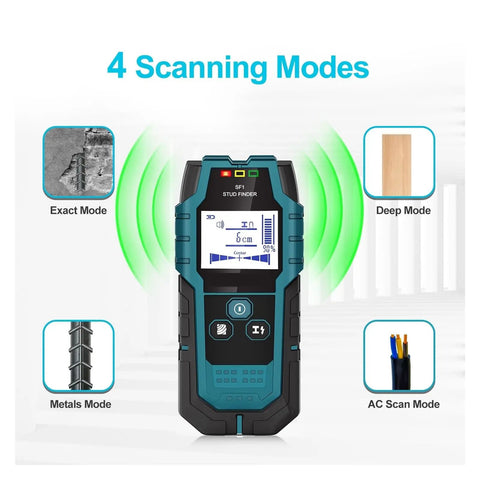 Heavy Duty Wall Scanner Detecting Wood Studs Hidden Live Cables And Conductive Metal With Rock Solid Depth Accuracy Featuring Crisp View Lcd Screen And Sharp Beeping Alert For No Fuss Diy Home Renovations, showing 4 scanning modes with LCD display.