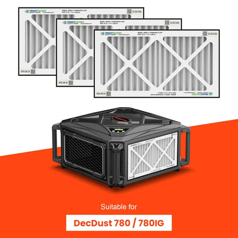 3 Pack MERV 11 Replacement Filter For DecDust 780 And 780IG Dust Collector Pro Grade Filtration To Lock In Fine Dust Improve Air Quality And Boost Dust Collector Performance, shown with dust collector unit and filters