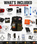 Be Ready For Anything With This All In One Ultimate Bug Out Bag Emergency Kit For Families And Vehicles A 72 Hour Survival Backpack Packed With First Aid Water Filtration Emergency Lighting Communication Tools Power Solutions And Outdoor Prep Gear, featuring essentials like first aid kit, lantern, and gas stove.