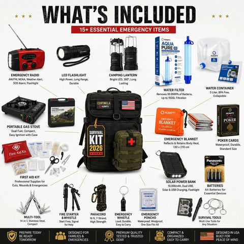 Be Ready For Anything With This All In One Ultimate Bug Out Bag Emergency Kit For Families And Vehicles A 72 Hour Survival Backpack Packed With First Aid Water Filtration Emergency Lighting Communication Tools Power Solutions And Outdoor Prep Gear, featuring essentials like first aid kit, lantern, and gas stove.