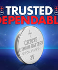 Hella Durable Cr2025 Batteries 24 Count Lithium 3V Coin Cell Button Pack showing a single battery angled with label details.